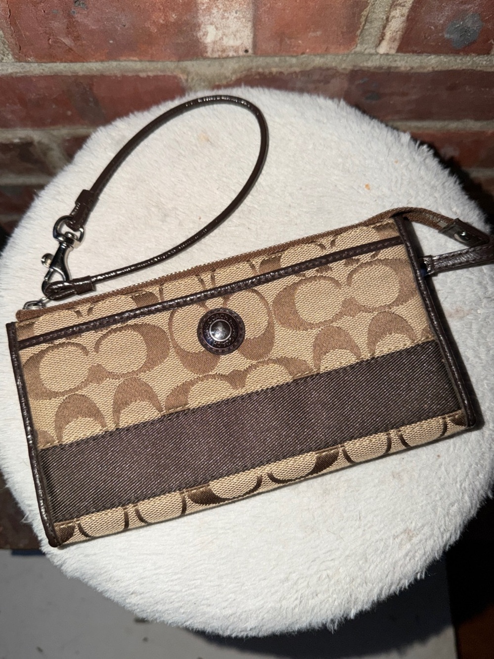 Coach Brown and Tan Signature Canvas Wristlet